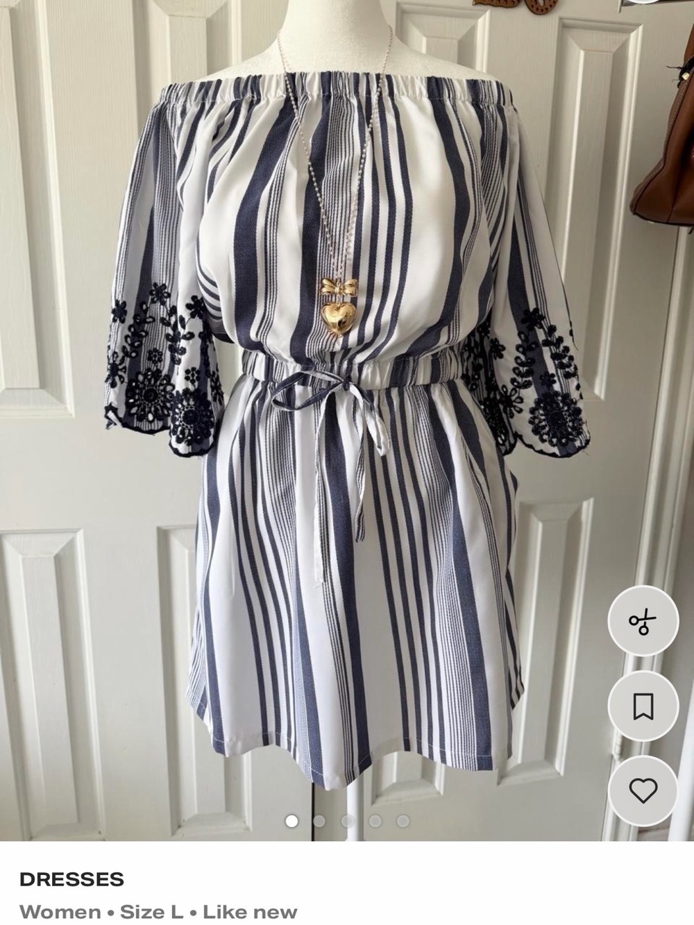 Striped Off-Shoulder Dress with Navy Embroidered Sleeves